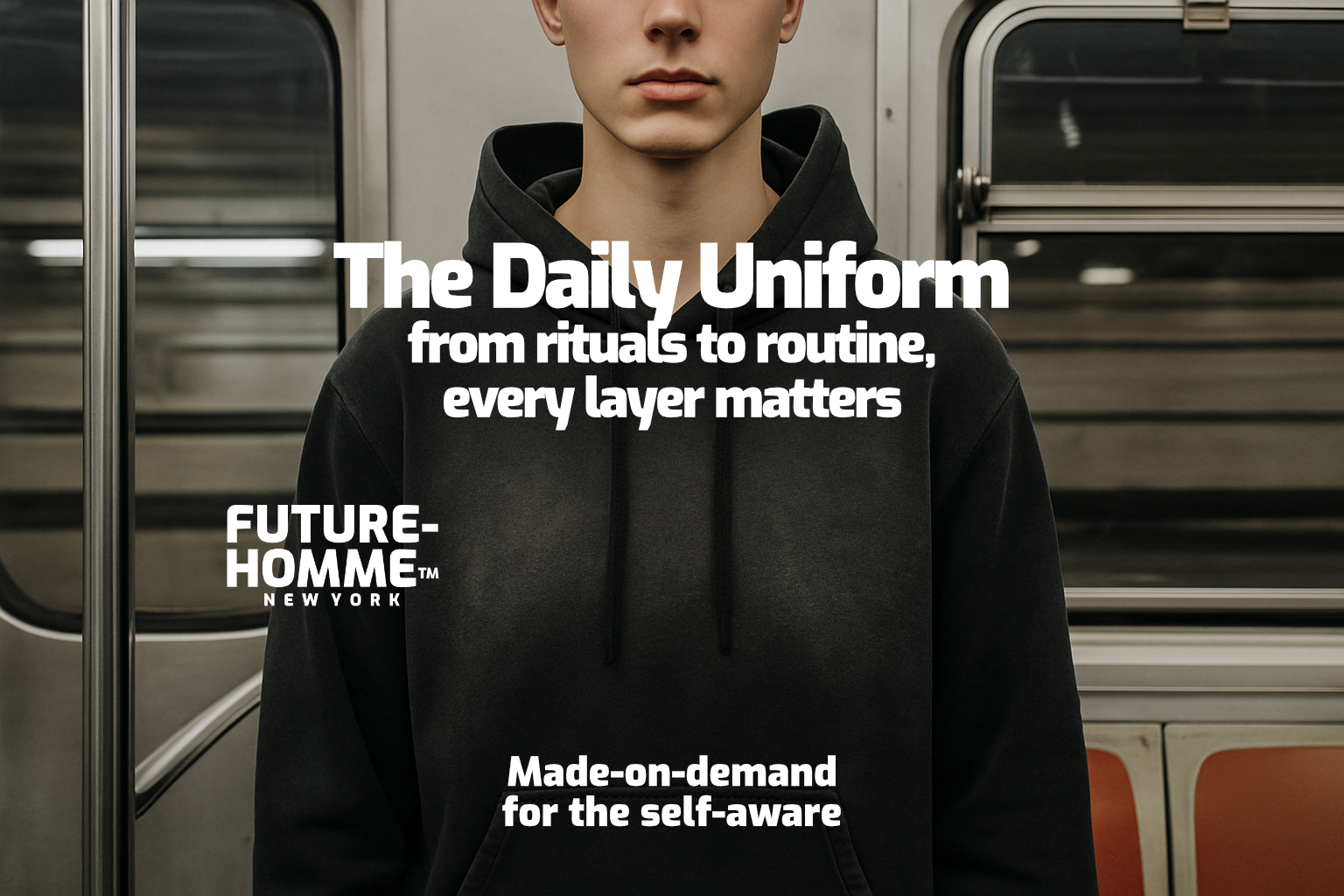 Gen Z male model wearing a black Future-Homme hoodie with text about 'The Daily Uniform' and 'Future Homme New York' in a subway setting.