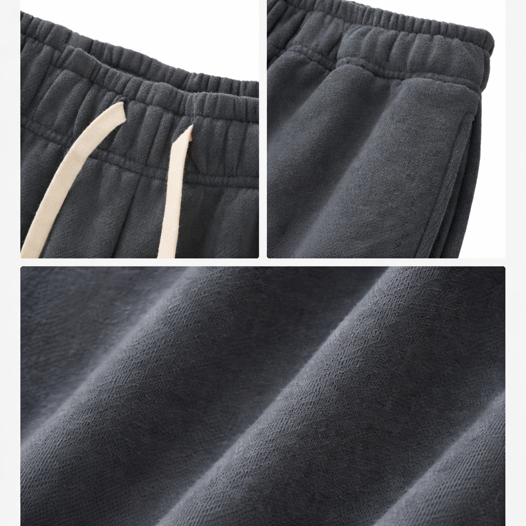 Collage of dark gray sweatpants showing details like drawstring and fabric texture.