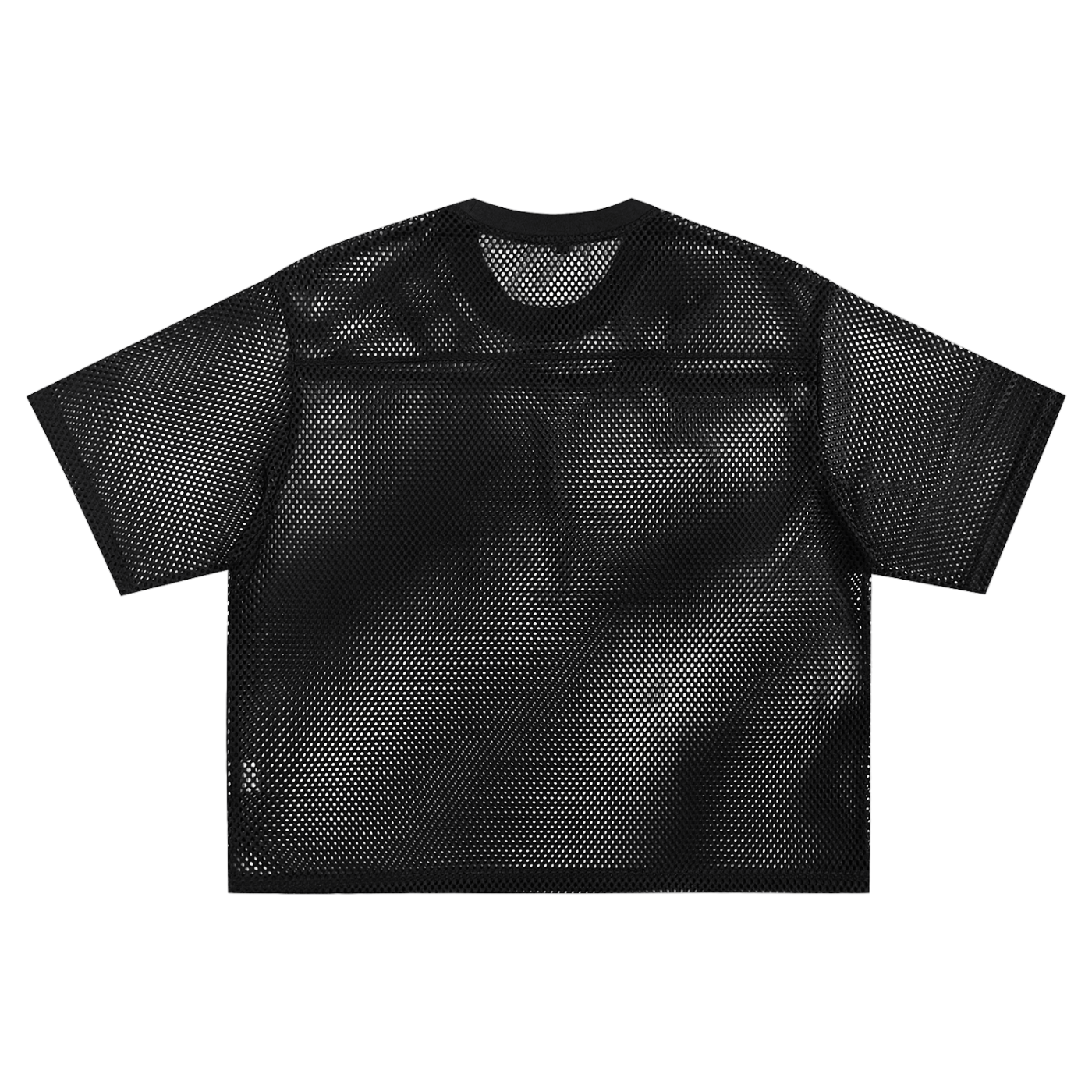 Flat lay of the sustainable Future-Homme activewear boxy mesh tee in black backside on a white background.