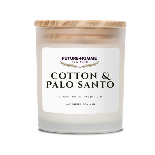 Candle with a wooden lid labeled 'Cotton & Palo Santo' by Future-Homme on a white background