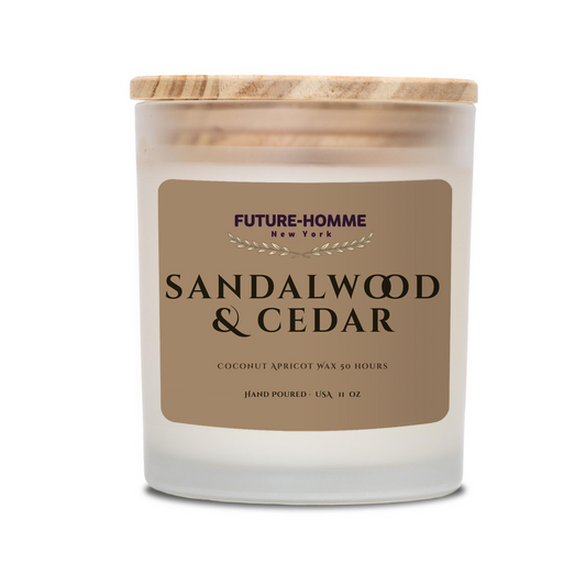 A Future-Homme frosted glass candle scented in sandalwood and cedar on a white background.