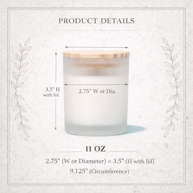 Candle with wooden lid and measurements on a light gray background