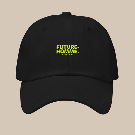 Black cap with 'FUTURE-HOMME' text in yellow on a white background