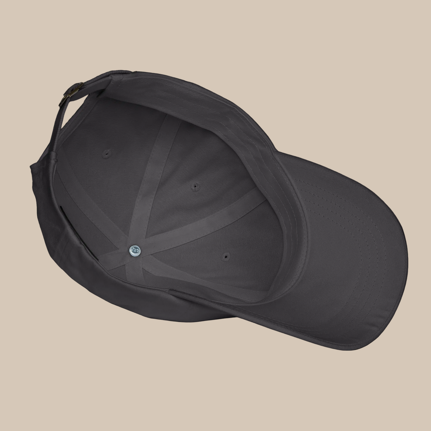 Interior image of a dark gray baseball cap against a transparent background.