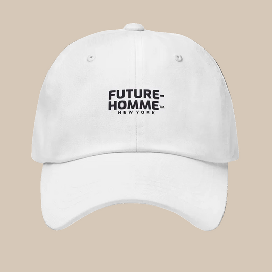 White cap with 'Future-Homme New York' text on a white background