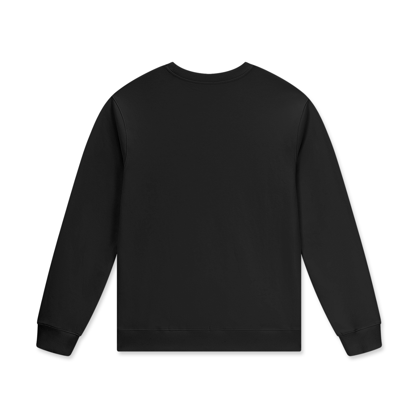 Flat lay of sustainable 280 GSM Future-Homme daily uniform classic essential cotton pullover sweatshirt in black backside on a white background