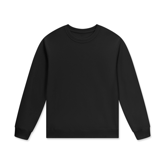 Flat lay of sustainable 280 GSM Future-Homme daily uniform classic essential cotton pullover sweatshirt in black frontside on a white background