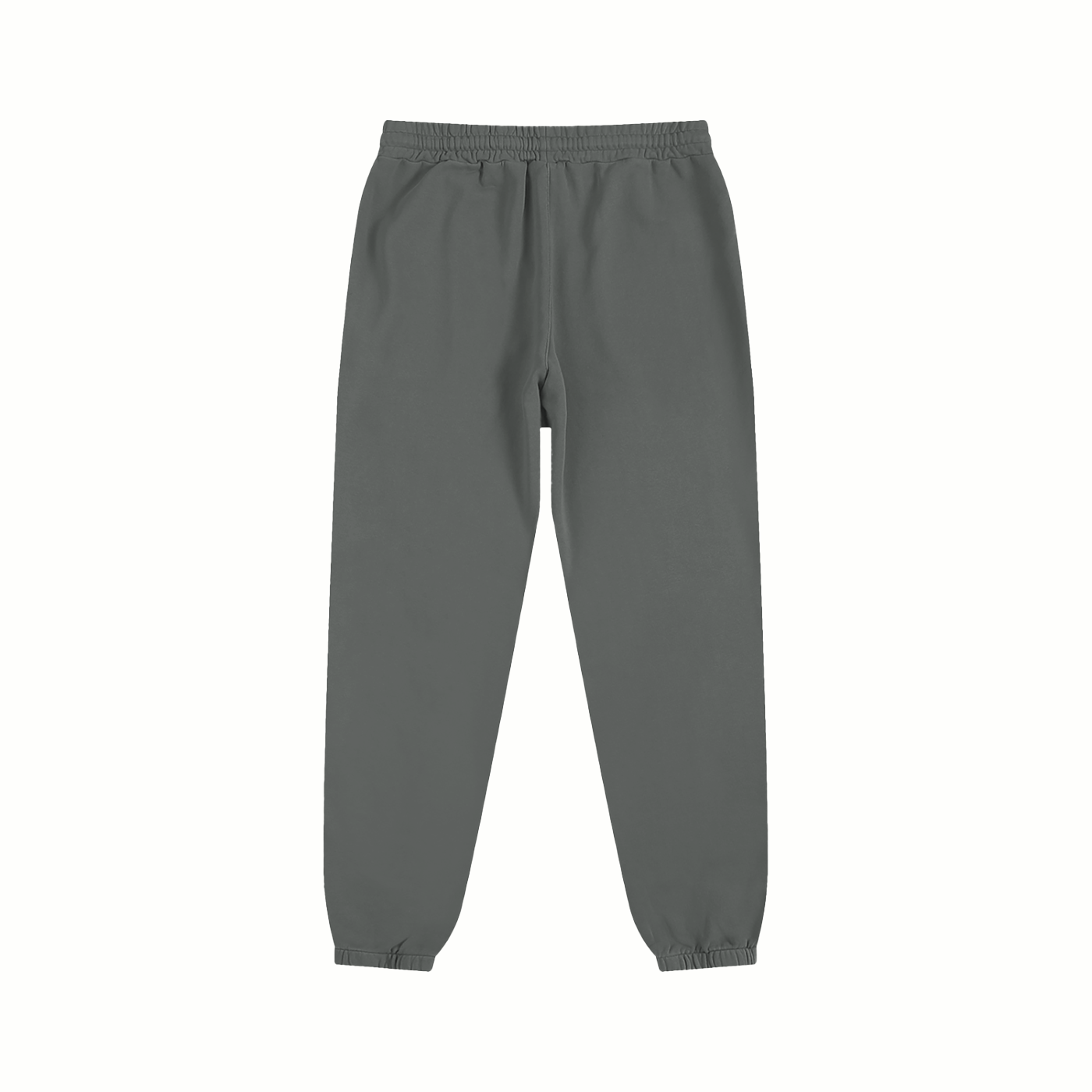 Flat lay of sustainable 340 GSM Future-Homme daily uniform cotton fleece sweatpants backside in gray on a white background