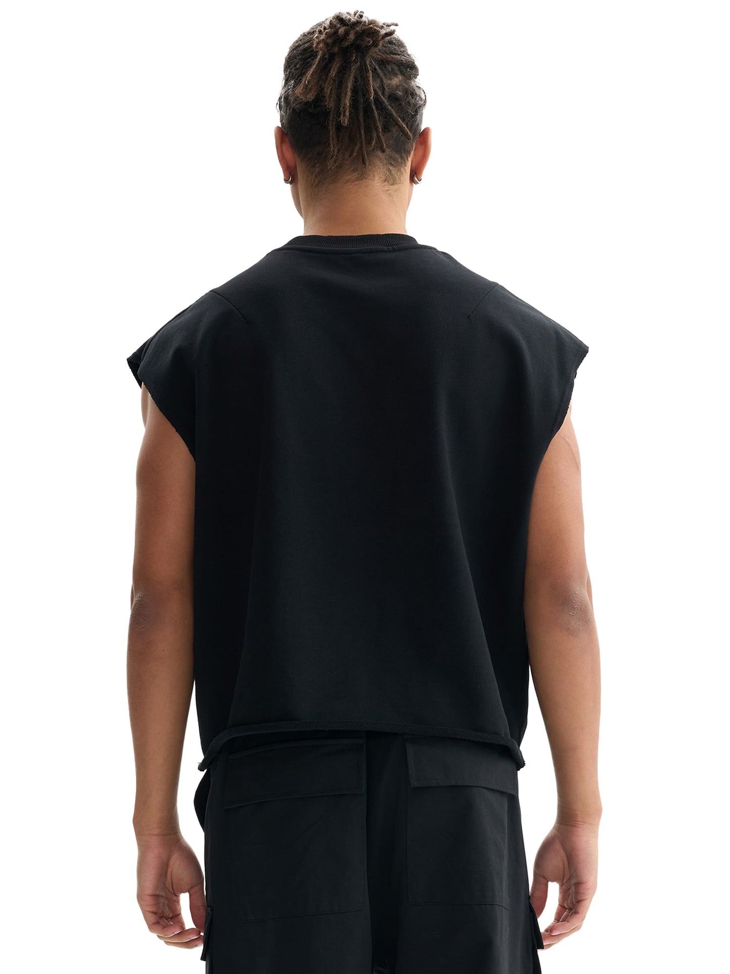 Model wearing the sustainable Future-Homme daily uniform French Terry boxy tank top in 340 GSM in black backside on a white background