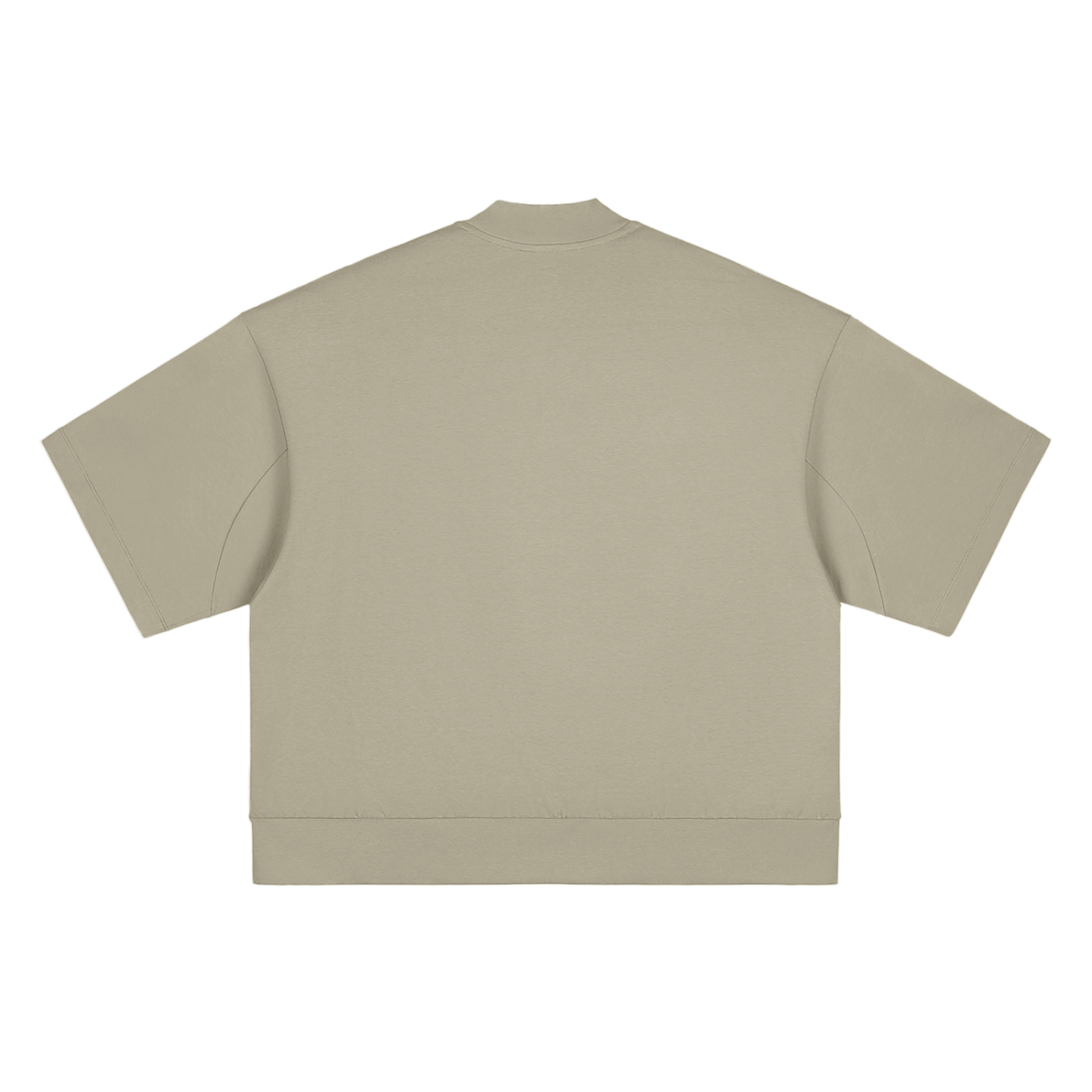 Flat lay of the sustainable Future-Homme daily uniform heavyweight oversized mock neck tee 305 GSM in gray camel backside on a white background