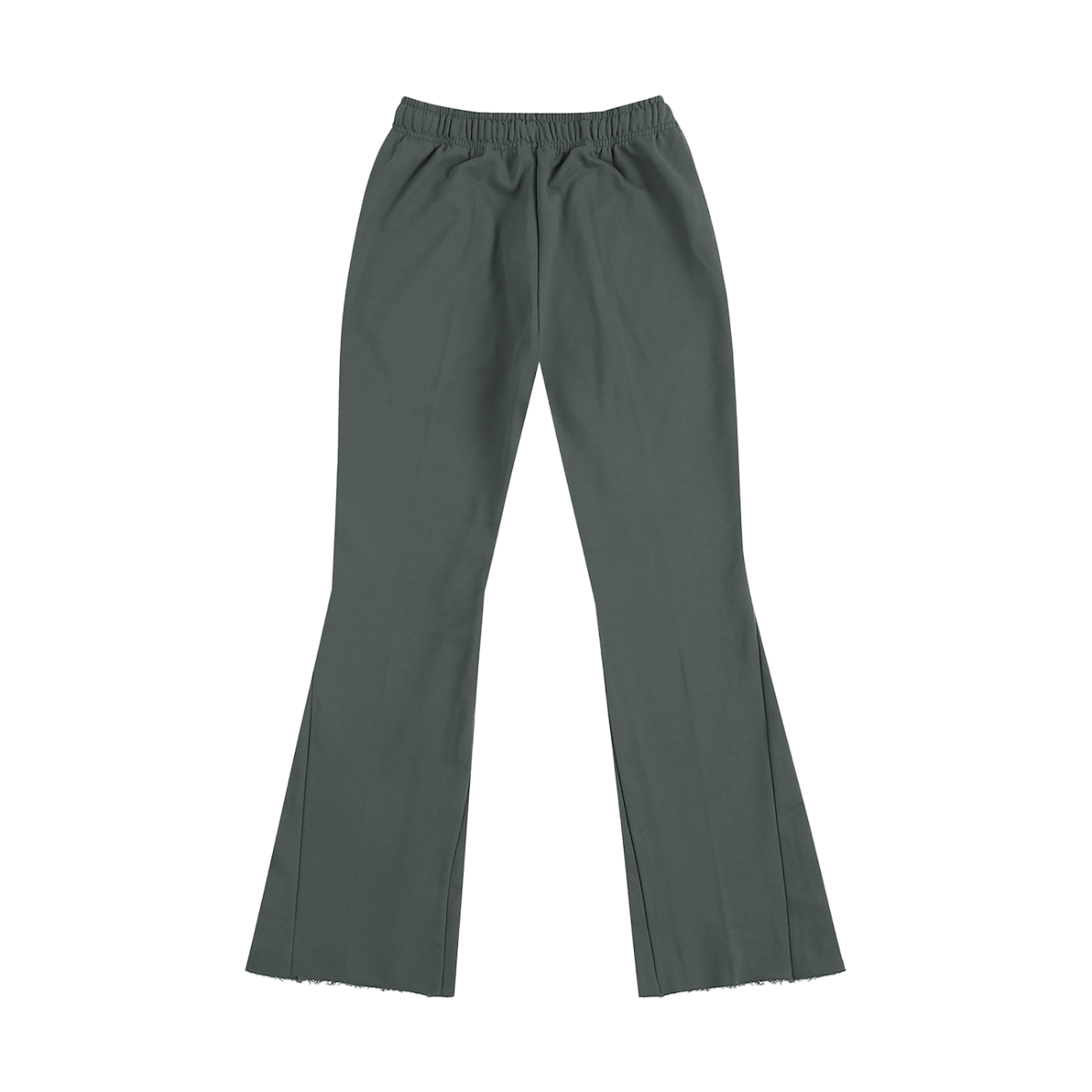 Flat lay of the sustainable 420 GSM Future-Homme daily uniform mid rise flared cotton sweatpants in gray back side on a white background