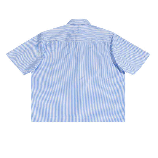 Flat lay of the sustainable 100 GSM Future Homme daily uniform oversized short sleeve vertical striped boxy shirt in blue backside on a white background