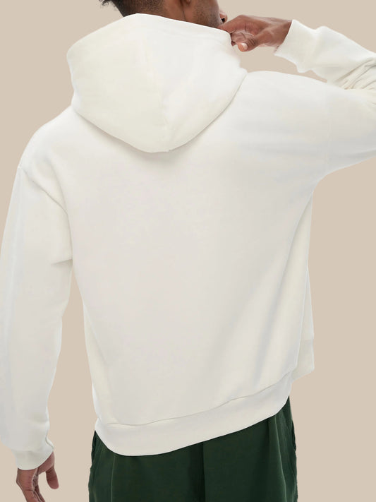 Person wearing a white hoodie from behind on a white background