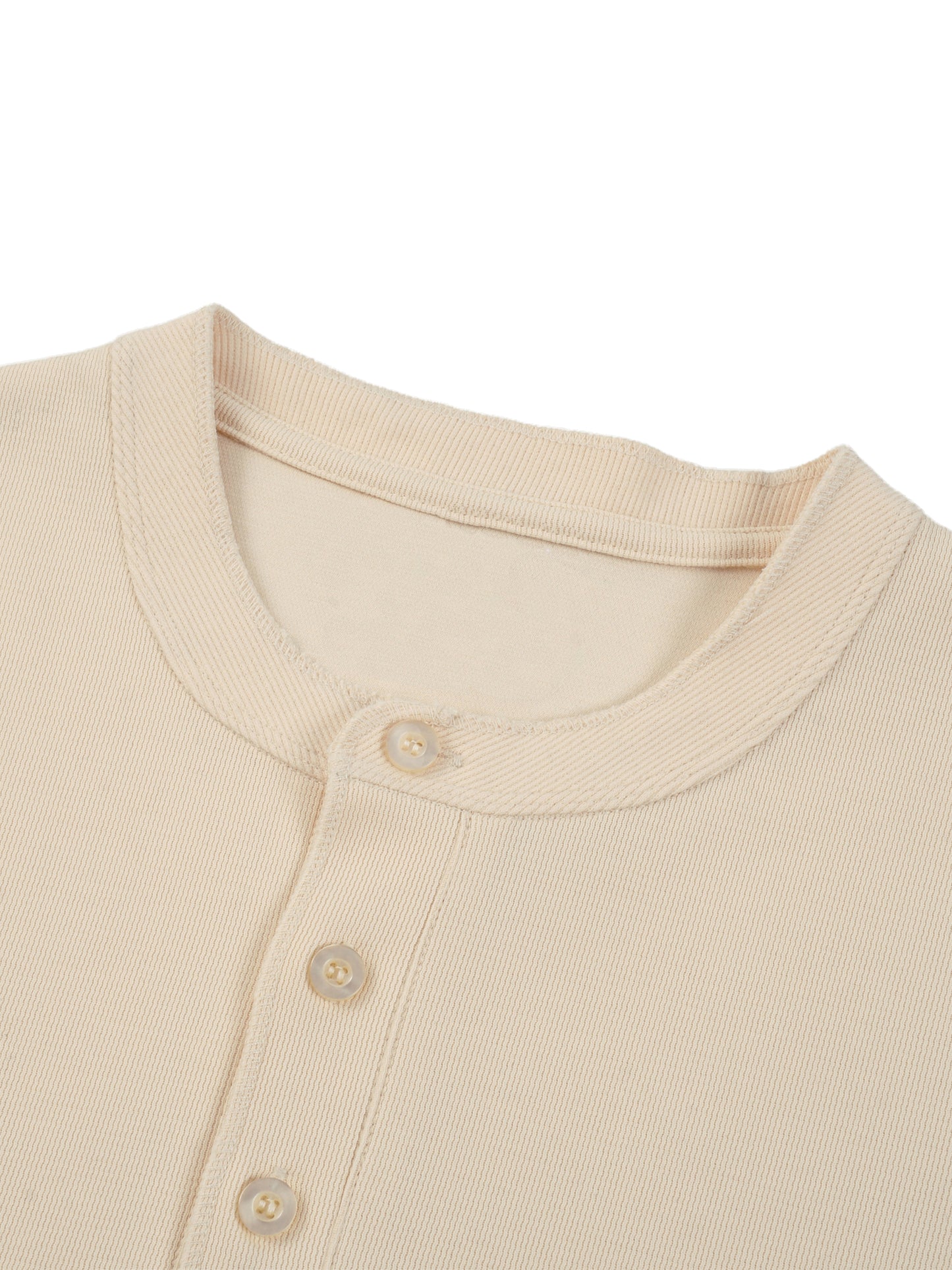 Flat lay of the sustainable Future-Homme daily uniform three button short sleeve henley 280 GSM in apricot frontside collar on a white background