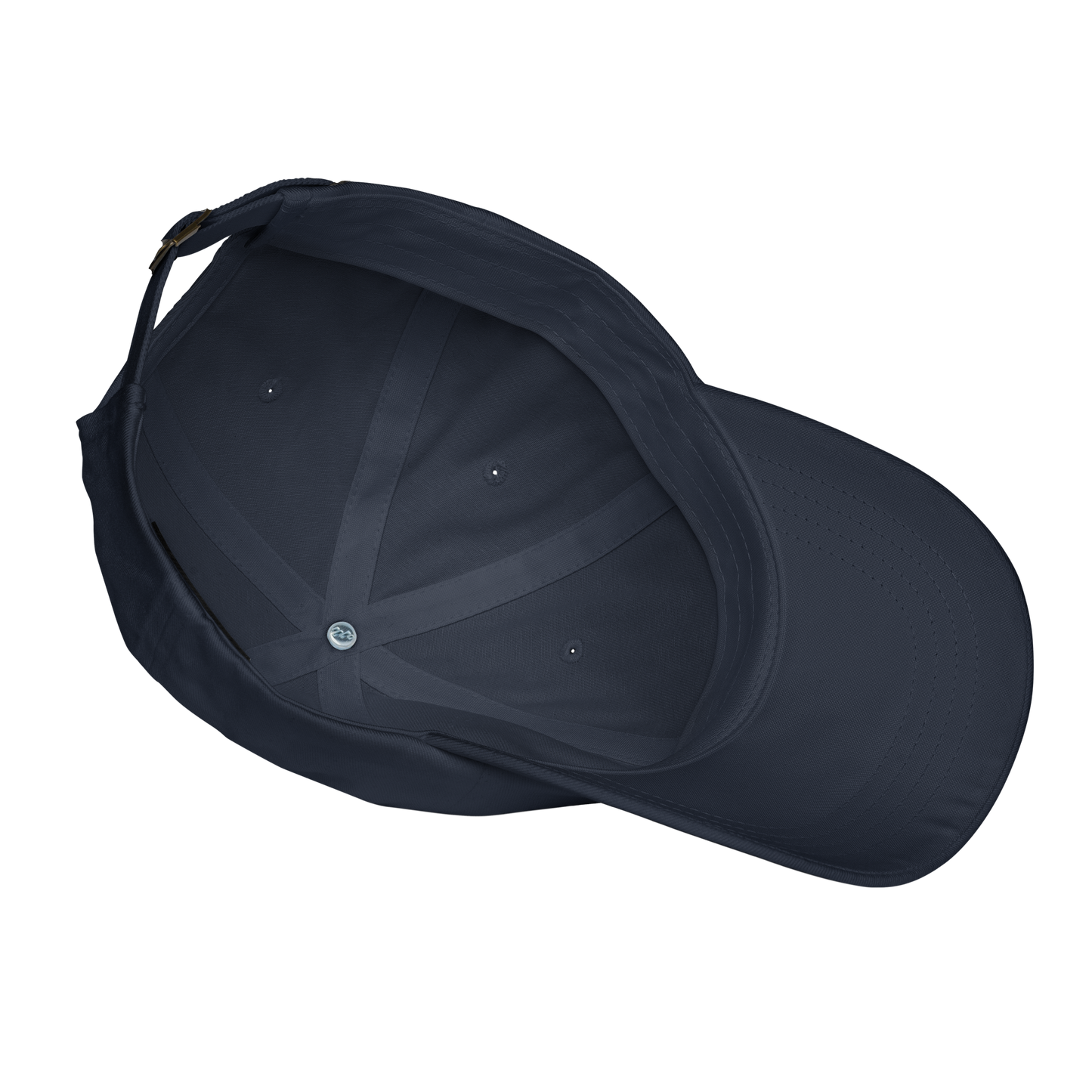 Interior of a navy blue baseball cap on a white background.