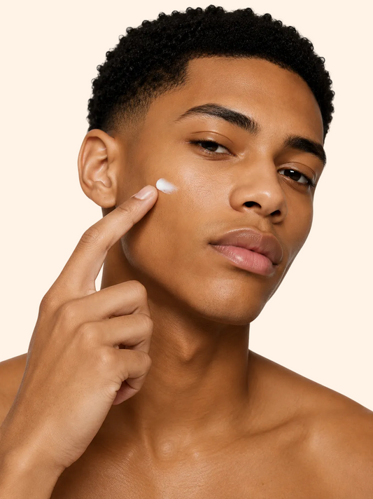 Man applying future-homme anit-age day cream to his face with a neutral background