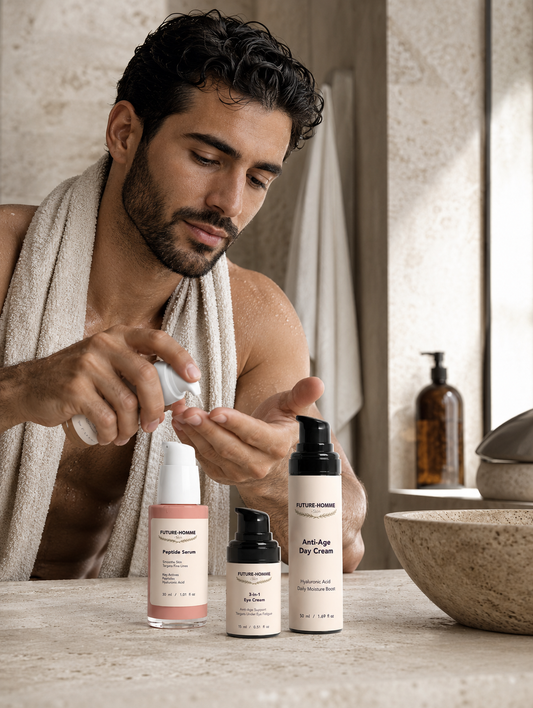 Man applying cream to his hand with skincare products on a counter
