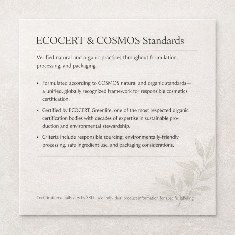 Text detailing ECOCERT & COSMOS Standards on a light gray background with floral elements.