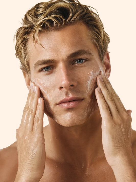 Man applying cream to his face with a neutral background