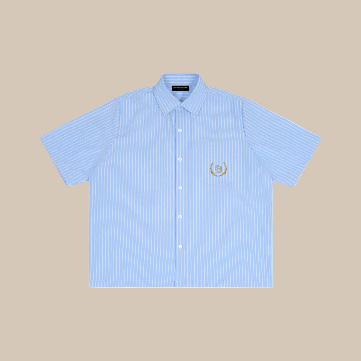 Light blue striped shirt with a logo on a white background