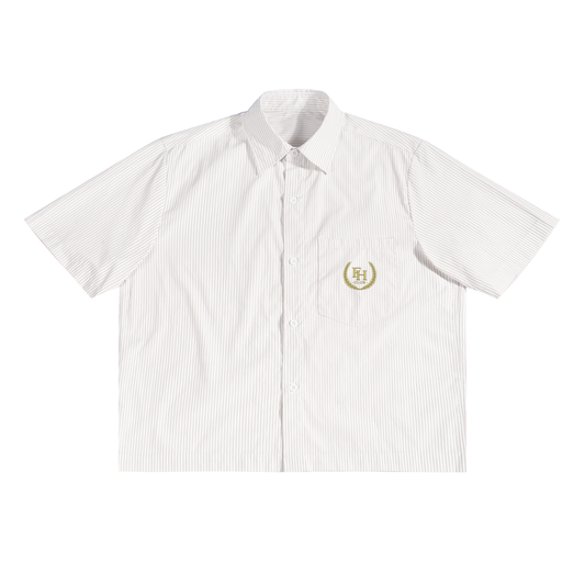 White short-sleeve shirt with a logo on a white background