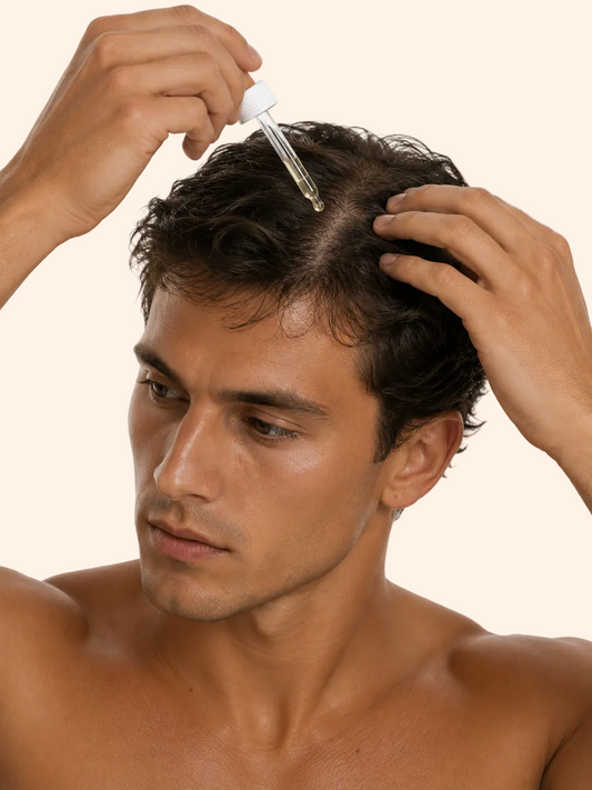 Man applying a liquid to his hair with a dropper against a white background