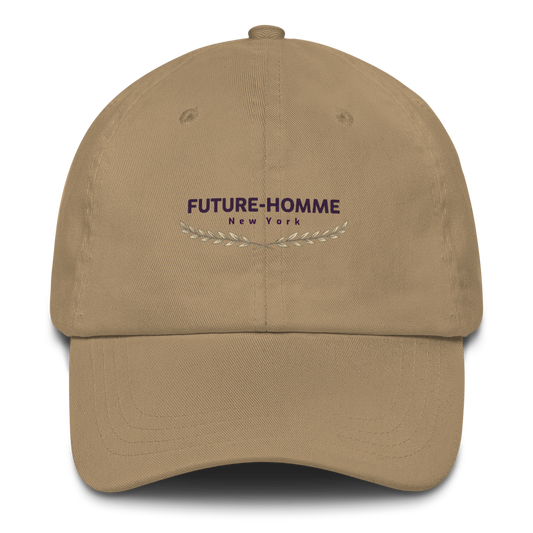 Beige cap with 'Future-Homme New York' logo on a white background
