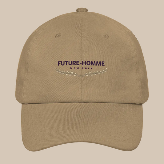 Beige cap with 'Future-Homme New York' logo on a white background