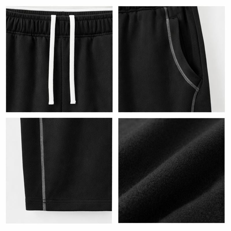 four close up shots of waistband, pockets, leg, and fabric swatch