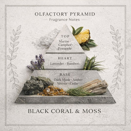 Olfactory pyramid with fragrance notes and natural elements on a light background