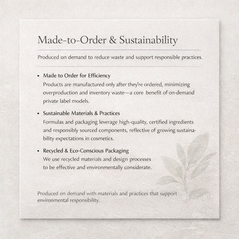 Text on a gray background about made-to-order and sustainability practices.