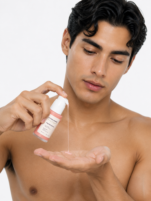 Man applying a skincare product to his palm against a white background