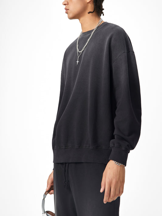 Model wearing a Future-Homme Ombre Effect drop shoulder black cotton sweatshirt 350 GSM side on a white background