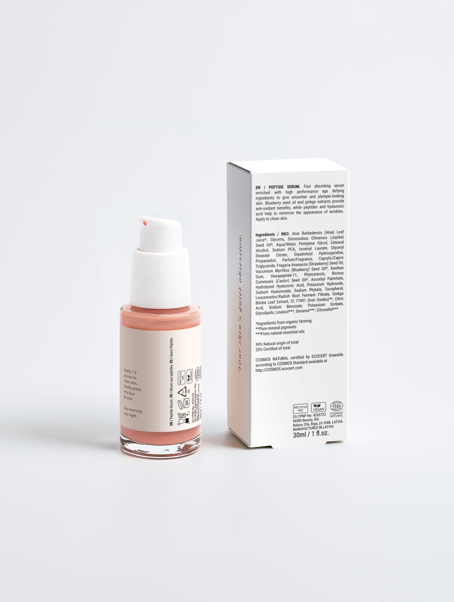 Skincare bottle with pump and box on a white background