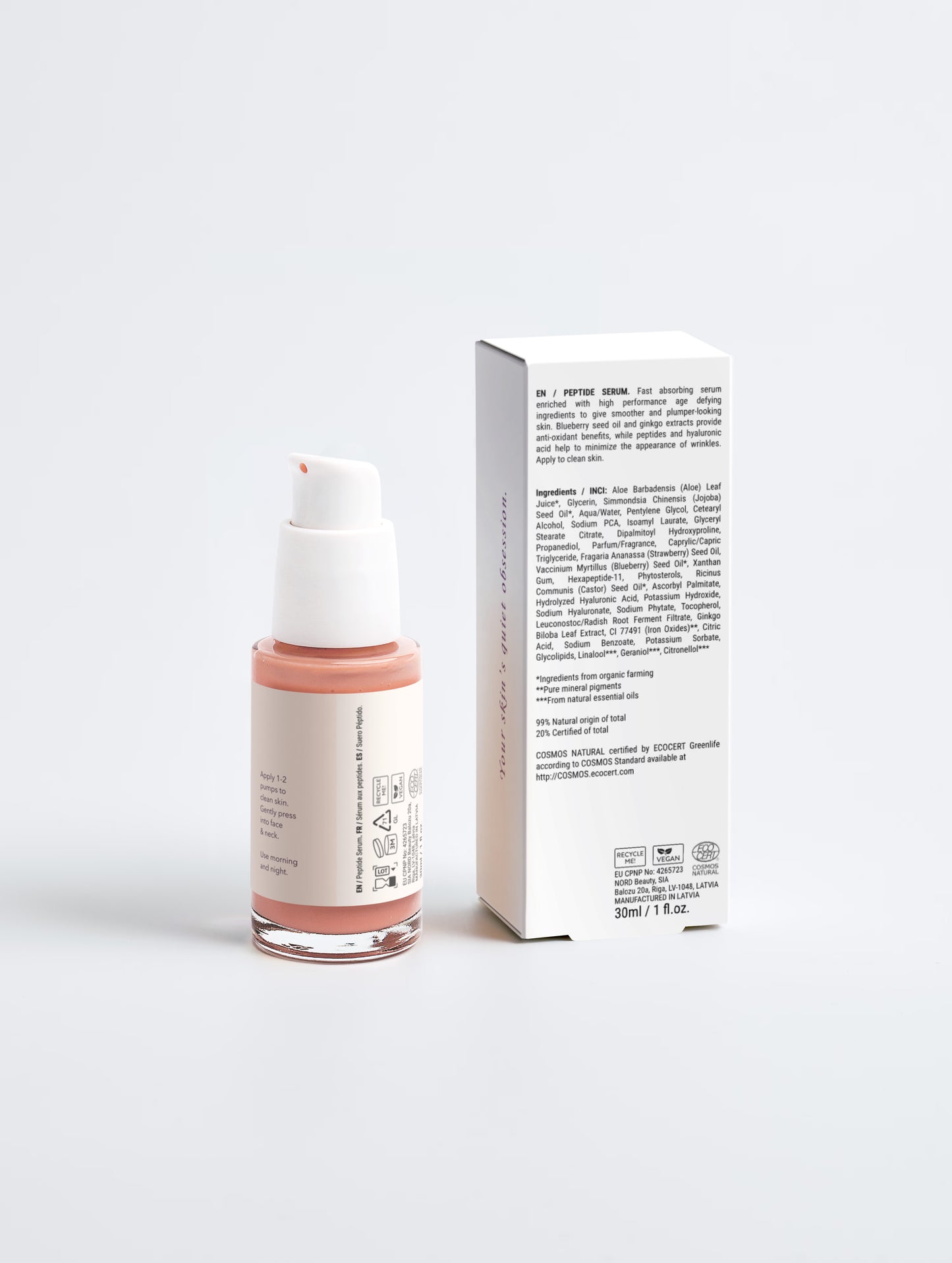 Skincare bottle with pump and box on a white background