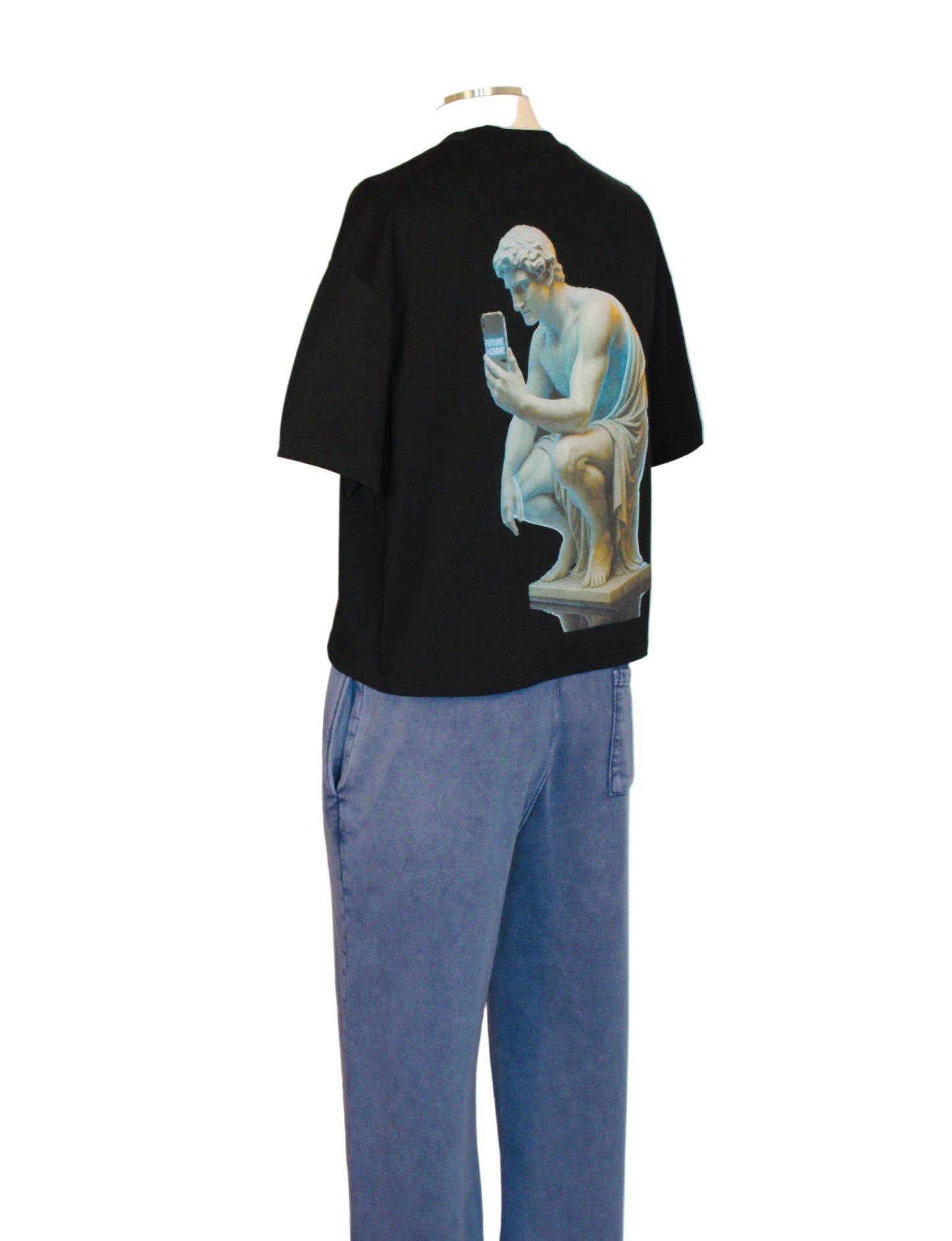 Bust of the sustainable Future-Homme Philosophy Graphics classic boxy tee in black of Narcissus in marble, sitting while taking a selfie of himself with a smart phone and the Future-Homme logo on the back of it backside on a white background