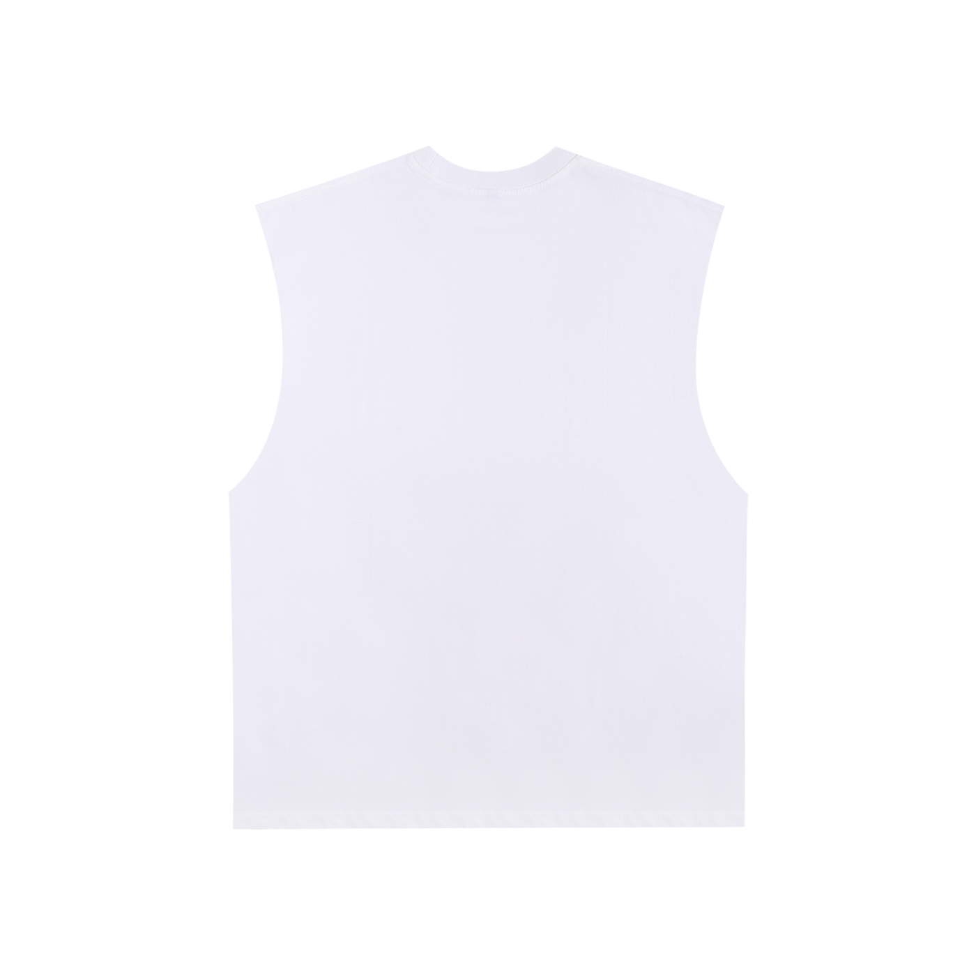 Flat lay of the sustainable Future-Homme philosophy graphics Hermes raw edge cotton tank top backside in white on a white background