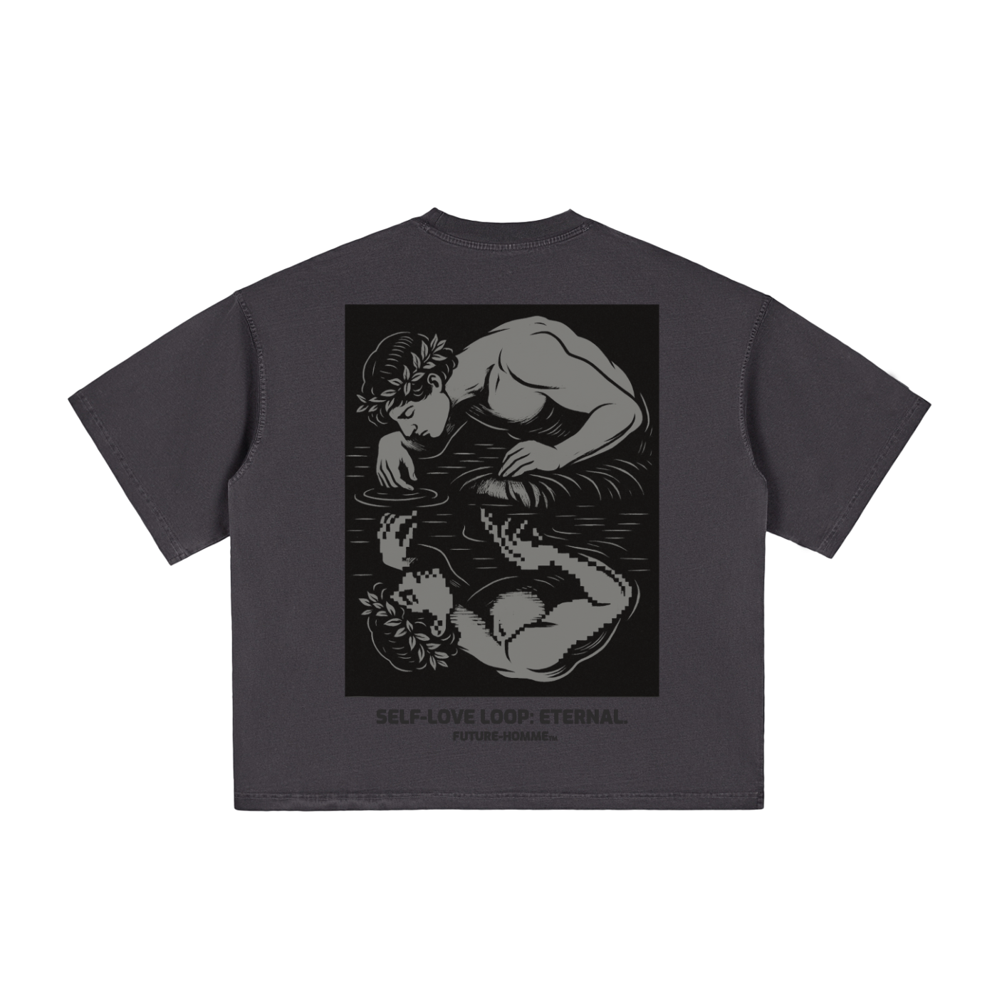 Flat lay of the sustainable Future-Homme Philosophy Graphics self love loop eternal tee in gray backside on a white background
