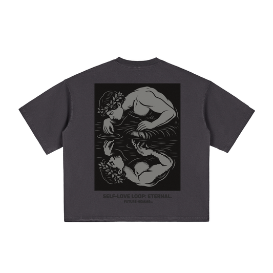 Flat lay of the sustainable Future-Homme Philosophy Graphics self love loop eternal tee in gray backside on a white background