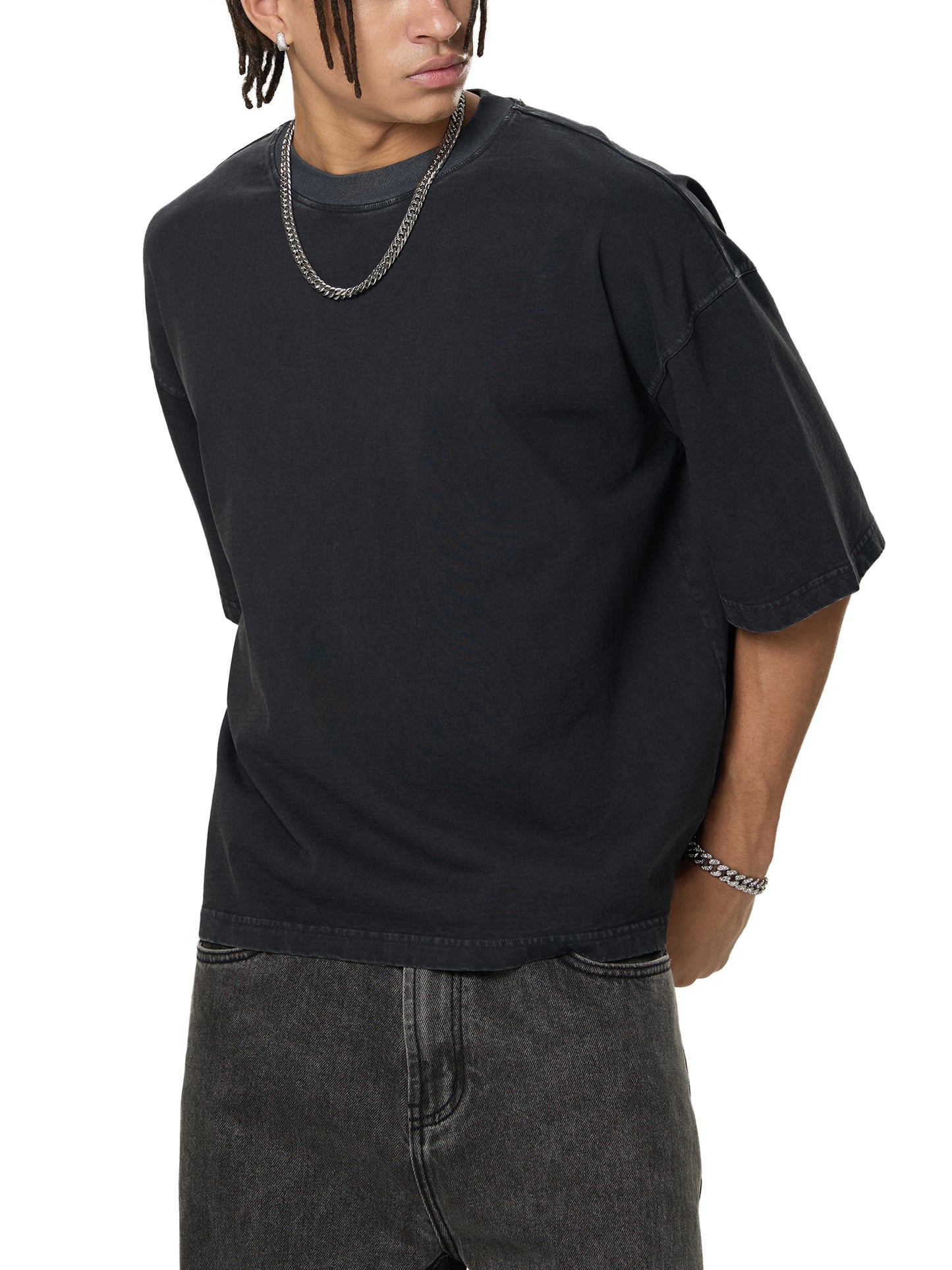 Model wearing the sustainable Future-Homme Philosophy Graphics self love loop eternal tee in gray frontside angle on a white background