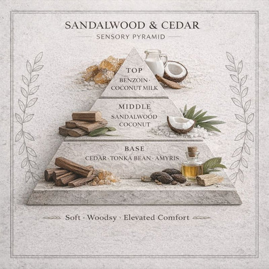 Sandalwood and Cedar sensory pyramid card.