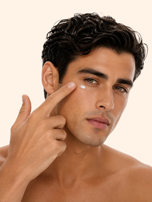 Man applying cream to his face with a white background