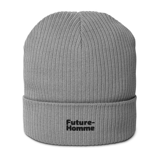 Gray beanie with 'Future-Homme' text on a white background
