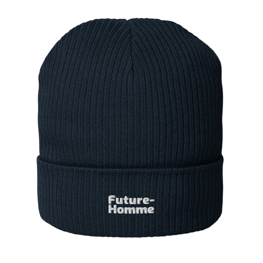 Black beanie with 'Future-Homme' embroidery on a white background