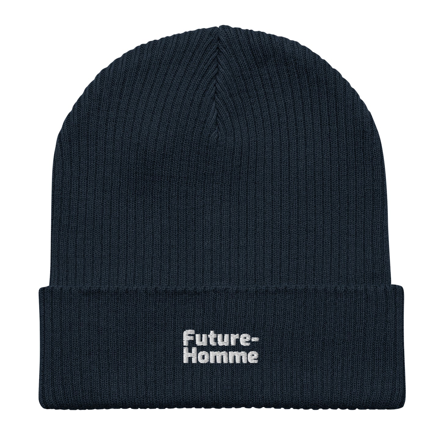 Black beanie with 'Future-Homme' embroidery on a white background