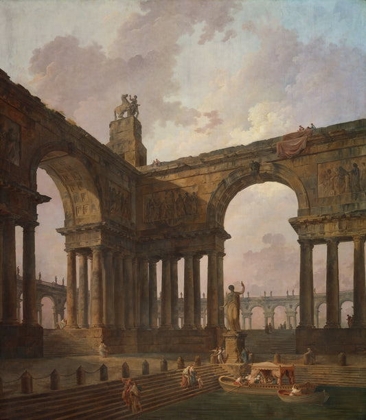 Classical architecture with arches and columns in a center city with people and a water source. 