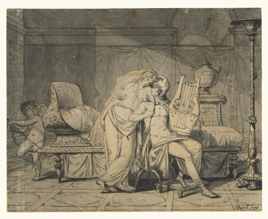 Classical neoclassical sketch depicting a male figure with a lyre, an embracing female figure, and a winged cherub in an ancient room setting.