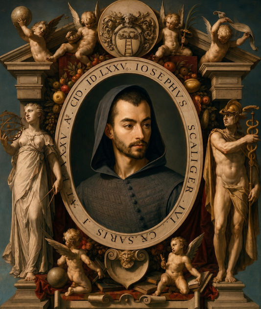 Dramatic dark-toned portrait of a hooded scholar surrounded by classical statues and intricate stone carvings in the style of Hendrick Goltzius.