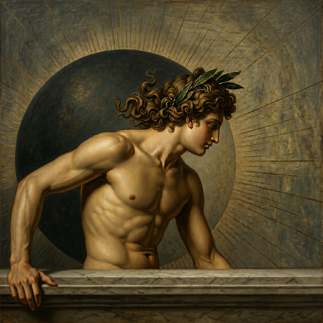 Apollo riding his chariot in a niche, AI enhanced