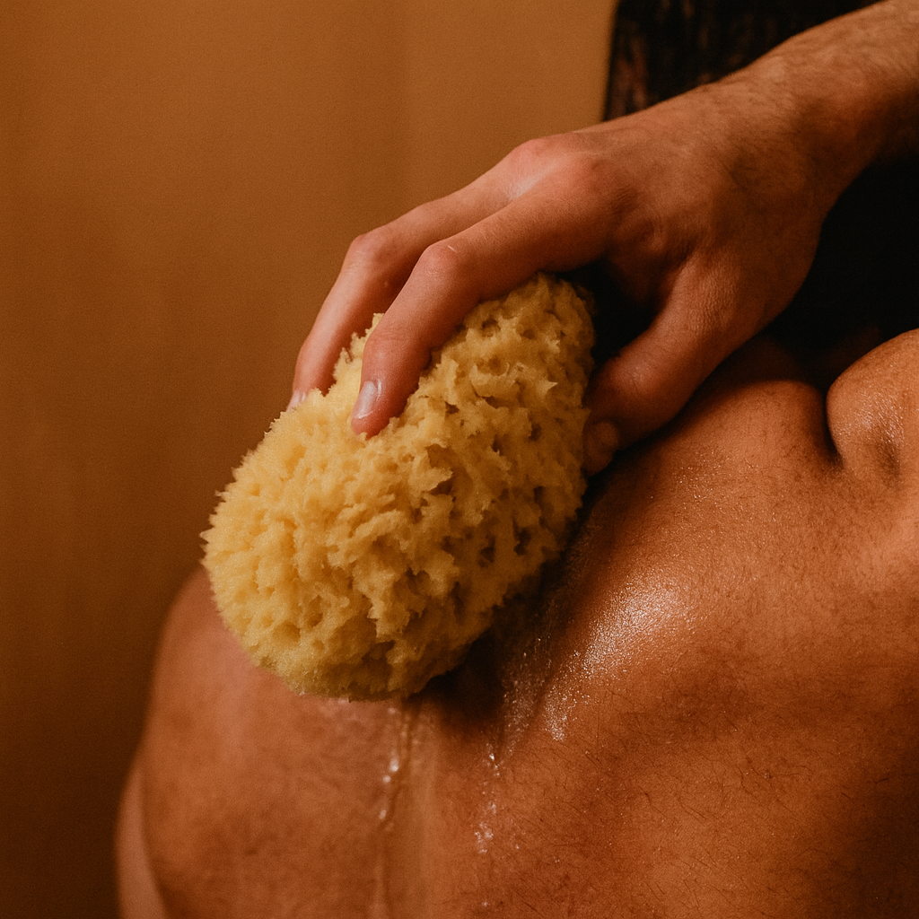 A male figure scrubbing his back with a sponge for the Future-Homme Plus Skin Body Collection. 